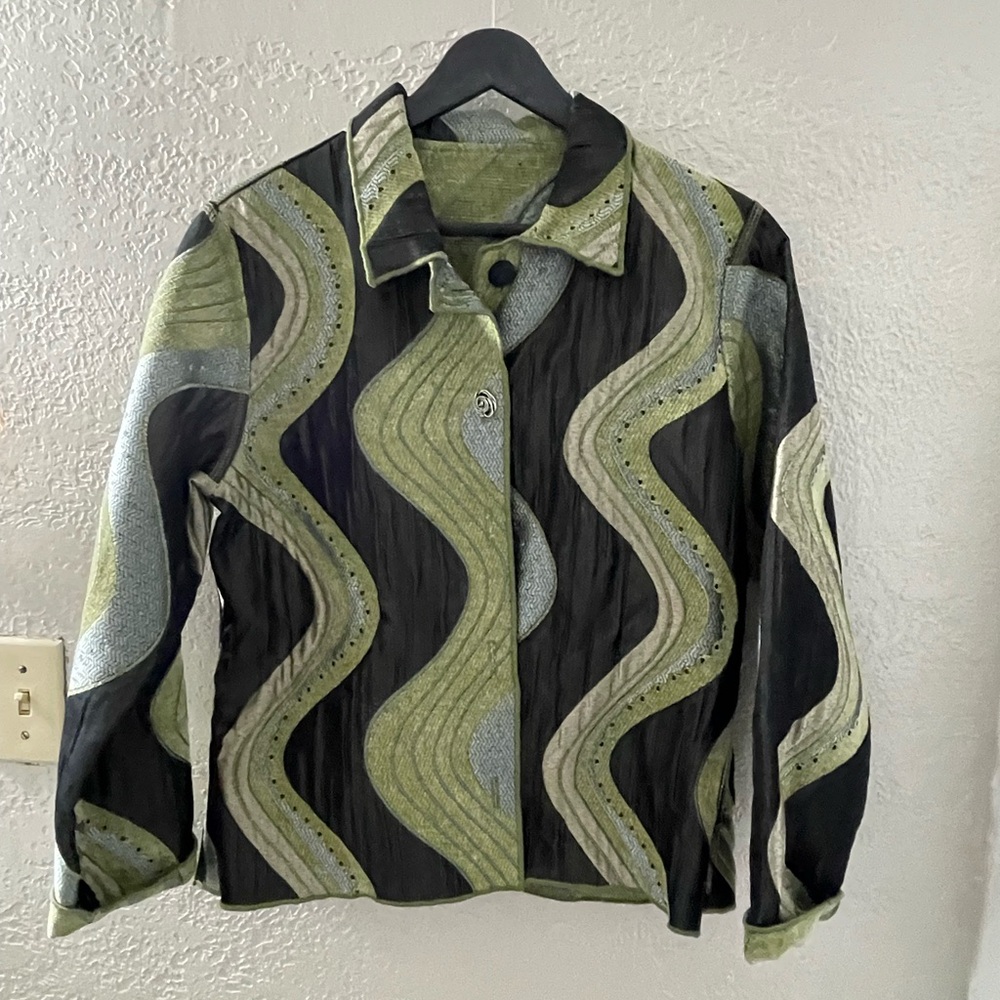 VTG‎ Shimmery Stylish Black/Green Y2K Corduroy Reversible Women's Blazer Size 8
